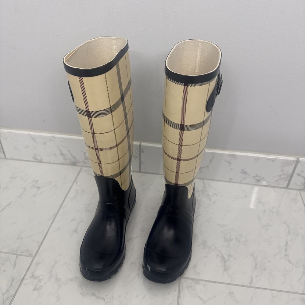 Talbots Boots Women's Black Plaid Mid-Calf Rain Boots Size 7